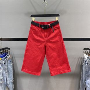 红色七分阔腿裤女2023夏季薄款百搭高腰宽松显瘦小个子休闲直筒裤