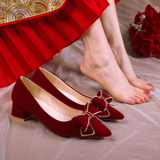 中式红色高跟鞋女结婚方跟订婚鞋粗跟新娘鞋，不累脚秀禾服婚纱两用