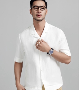 夏季高级亚麻古巴领短袖衬衫男商务休闲男士透气清凉中式白色衬衣