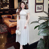 越南小众设计白色百褶水溶蕾丝裙玫瑰花朵镂空刺绣短袖唯美长裙女