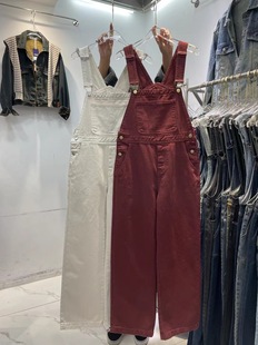 美式复古酒红色牛仔背带裤女2024设计感小众宽松显瘦裤子连体裤潮