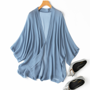 法式雾霾蓝和服风蝙蝠袖桑蚕丝真丝遮阳衫防晒衣空调衫开衫外套女