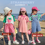 陈大猪女童polo翻领，连衣裙2023夏季儿童，韩版洋气短袖粉色套装