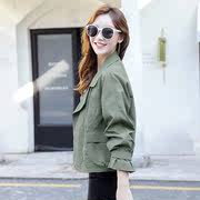 绿色皮衣女短款外套宽松休闲拼接明线2022春秋韩版小个子夹克