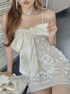 Lydiaxu 小宣设计款白色法式蕾丝立体花纯欲甜美短裙吊带裙连衣裙