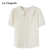 拉夏贝尔/La Chapelle夏季衬衣娃娃领泡泡袖镂空蕾丝边衬衫上衣女