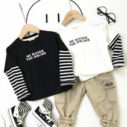 黑白2色条纹拼接袖百搭圆领套头长袖T恤男童宝宝假两件打底衫上衣