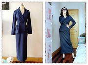 外贸原单 欧美知性优雅修长深蓝条纹假两件长款连衣裙