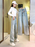 设计感小众珍珠牛仔裤，女2023夏季大码时尚，宽松显瘦阔腿裤子潮
