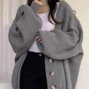 韩国chic秋冬休闲慵懒风，v领单排扣宽松灯笼袖，针织开衫毛衣外套女