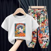 中国风儿童套装男童女童纯棉短袖T恤夏装防蚊裤两件套洋气潮