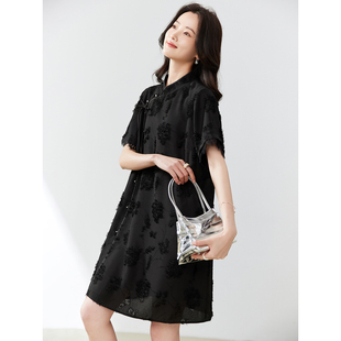 黑色新中式雪纺连衣裙女夏季2024欧货宽松气质显瘦短袖直筒裙