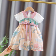 1-5岁女童短袖汉服夏装3中国风4儿童古装连衣裙，2周岁宝宝雪纺裙子