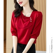 红色衬衫女大码2024夏小个子洋气时尚七分袖雪纺上衣气质小衫