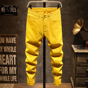黄色发型师学生牛仔裤男夏季薄款修身小脚潮流时尚百搭长裤子