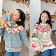 秋冬 女童羊毛棉混纺针织开衫和大花朵连衣裙 童装