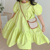 韩版夏装女小童纯色圆领洋气泡泡袖拼接大裙摆娃娃连衣裙