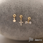 jinjewelry纯14k金耳骨钉十字架星星蝴蝶结，螺丝耳钉