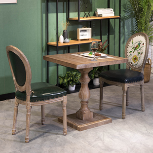 全实木餐桌复古咖啡厅桌椅，组合4人原木，美式方桌办公桌洽谈桌书桌