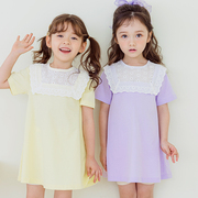 韩国童装2023夏款女童，连衣裙白色提花蕾丝披肩领短袖，连身裙中长裙