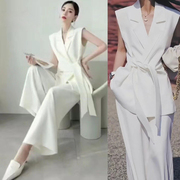 2023夏韩版时尚气质御姐ol系带，马甲外套搭阔腿裤套装女两件套白色