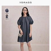 VGRASS古典花纹高端精致连衣裙夏季设计感泡泡袖裙子女