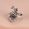 s925纯银复古光亮面镂空立玫瑰花叶子，个性简约气质女士开口戒指环