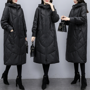 2023韩版时尚洋气加厚保暖外套大码中长款过膝黑色皮羽绒服女