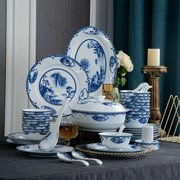 景德镇陶瓷碗盘组合56头白瓷餐具碗碟，套装简约青花瓷山水瑞园