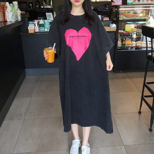 2023夏季韩国东大门大码女爱心，宽松蝙蝠袖中长款短袖t恤裙连衣裙