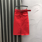 欧洲站红色中长款半身裙，女2024年春夏高腰，修身显瘦包臀牛仔裙