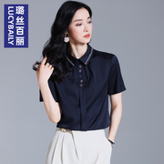 藏蓝色雪纺衫女短袖夏季衬衣显瘦上衣洋气设计感小众职业气质小衫