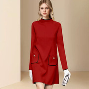 时尚大牌新年超好看红色连衣裙，女2023冬季小香风气质打底裙子