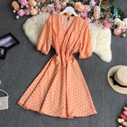 1947#秋季韩版收腰显瘦长袖桔梗裙小个子V领泡泡袖波点连衣裙