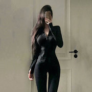 黑色性感瑜伽服外套女春秋季设计感修身显瘦健身运动开衫立领上衣