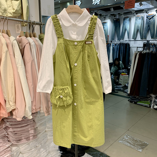 春季女圆领长袖衬衫加吊带连衣裙两件套带包包时尚韩版小清新