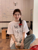 韩国chic春夏小众设计叠穿蕾丝吊带+字母印花短袖T恤两件套