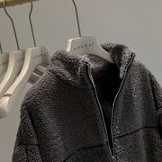 韩国立领羊羔绒外套女秋冬加绒加厚灰色，宽松休闲保暖拉链开衫