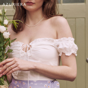 azuriera法式一字领短款上衣夏季可盐可甜木耳边白色小众修身短袖