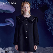 VJC OLIVIA2023秋冬黑色羊毛大衣海军领烫钻名媛短款外套女装