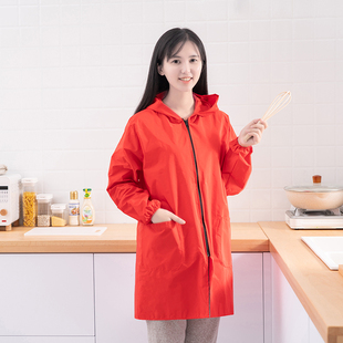 韩版时尚长袖围裙拉链防脏大人罩衣女，防泼水厨房外套连帽工作服男