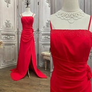 l码红色雪纺，吊带开叉长裙，礼服0319b