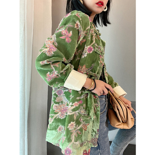 复古港风chic外套丝绒唐装中式绿色国潮今年流行上衣女时尚气质