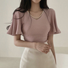 韩系chic夏季法式气质v领修身显瘦纯色喇叭袖，打底衫t恤上衣女