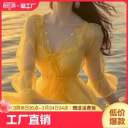 大码黄色雪纺连衣裙女夏2024沙滩裙女海边度假超仙法式长裙子
