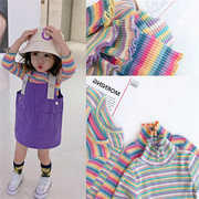 女童套装春秋条纹彩虹t恤加儿童韩版背带裙，2024秋装外贸童装