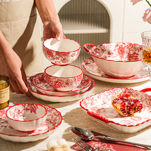 舍里中国风餐具套装家用新婚礼物碗筷饭碗盘玫瑰红色碗碟礼盒套装