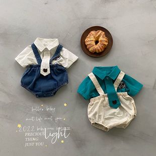 2024ins婴童套装夏0-3岁婴儿帅气三件套宝宝短袖衬衫背带裤送领带