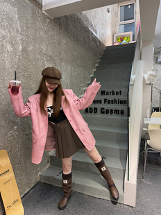 蒋哇塞(蒋哇塞)粉色皮衣外套，女2023秋季美式设计感高级pu皮西装