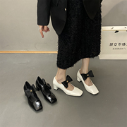 小香风蝴蝶结高跟玛丽珍鞋子2024春秋法式粗跟公主小皮鞋单鞋
